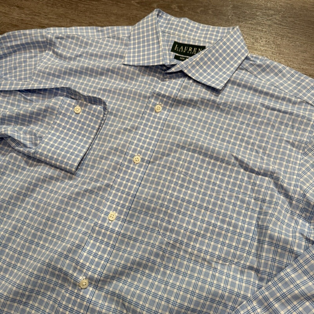 Lauren Ralph Lauren Dress Shirt Men 16.5 34/35 Blue Plaid Cotton Non Iron Office